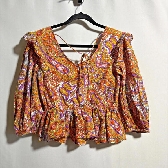 Psychedelic Paisley Puff Sleeve Crop Top Boho Colorful Ruffles Hippie Cotton M - Picture 2 of 6